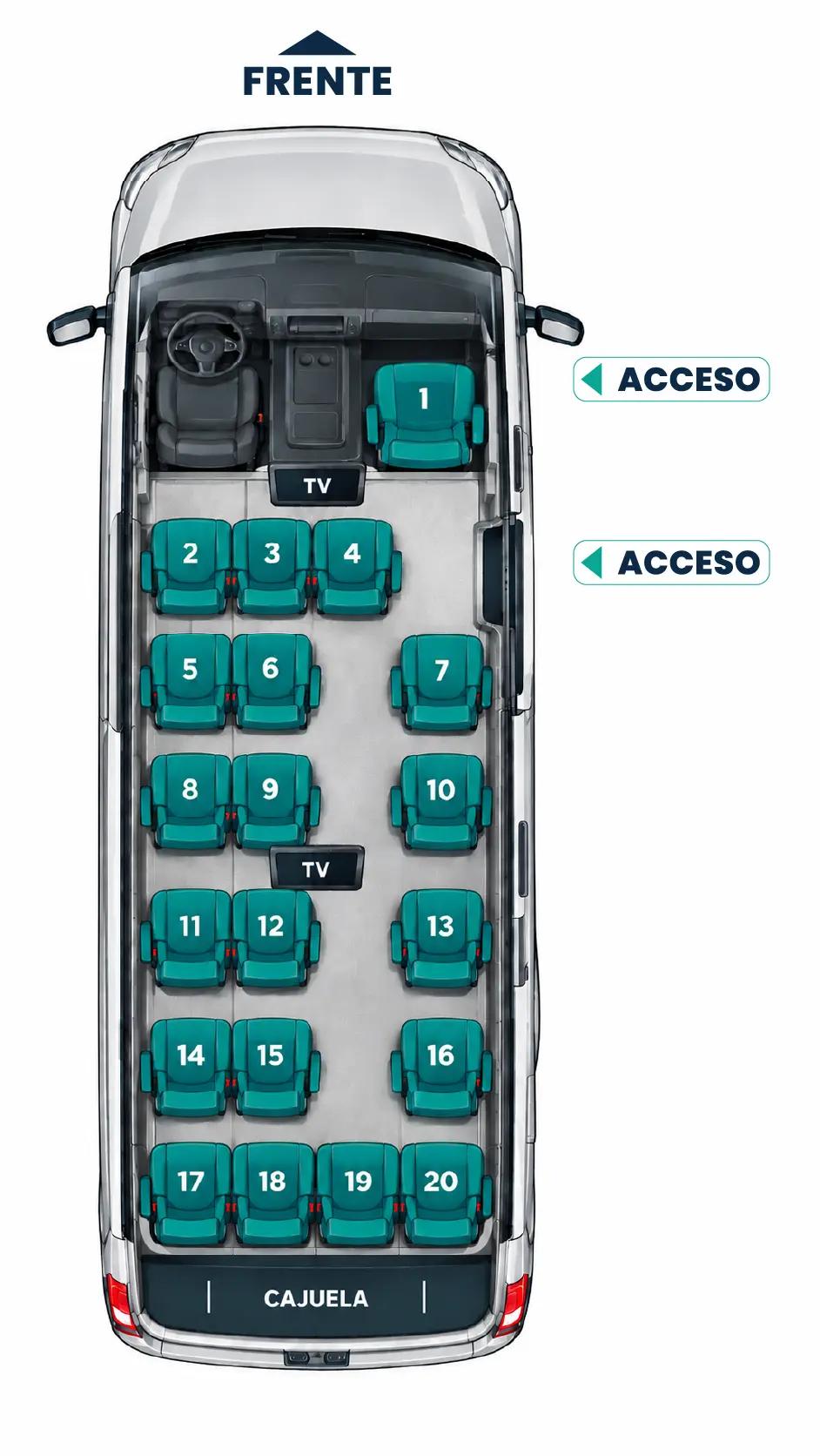 Diagrama de asientos Renta de Crafter con operador en CDMX — vista aérea con 20 pasajeros